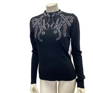 Luna Black Mock Neck Embellished Long Sleeve Sweater Rhinestone Leaf Vines M NWT